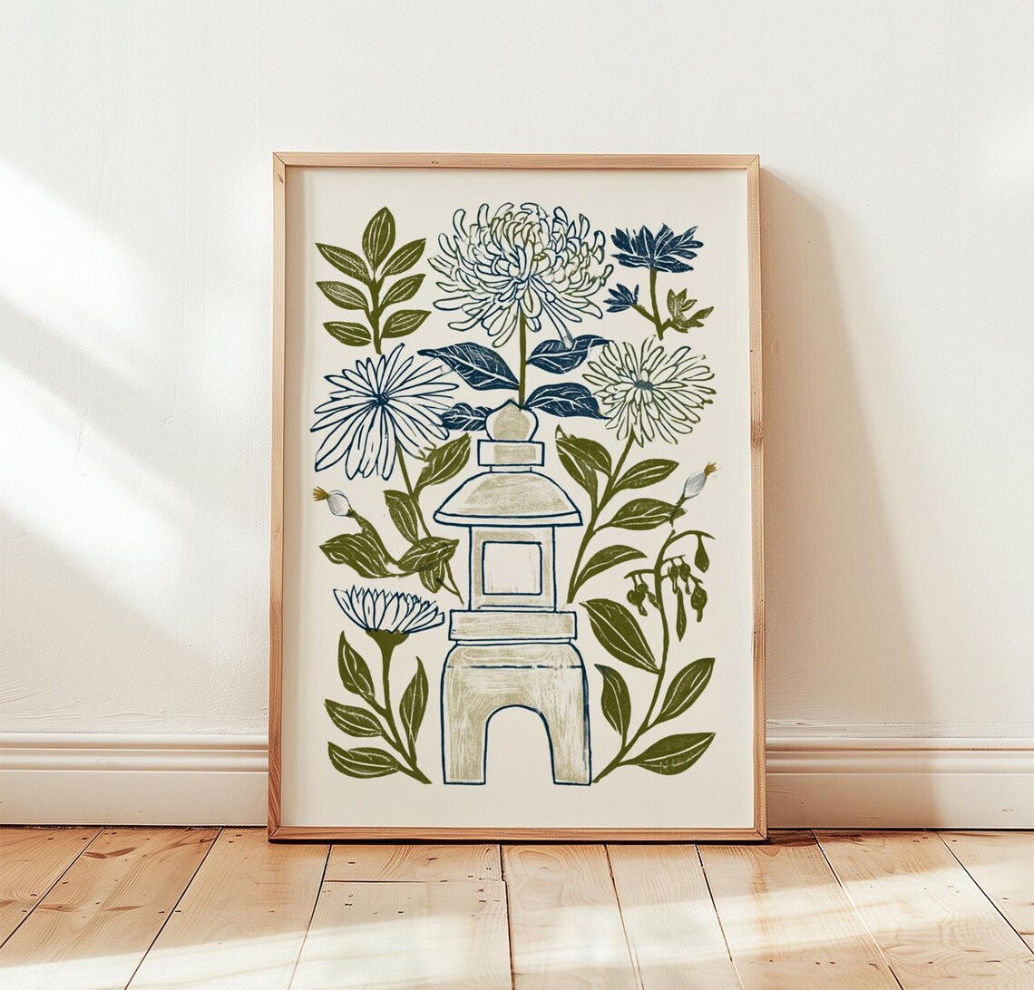 Blue Chrysanthemum Print, Floral Wall Art Poster