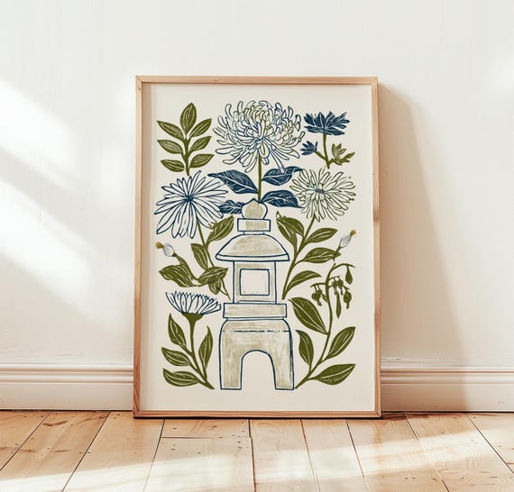Blue Chrysanthemum Print, Floral Wall Art Poster