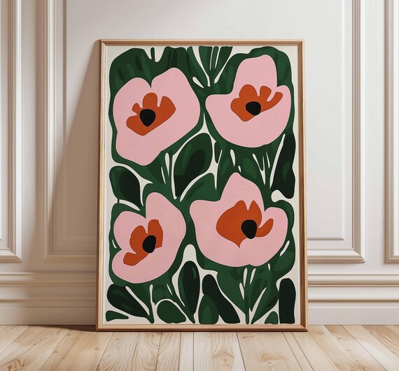 Poppy Flower Wall Art Scandinavian Floral Poster Print Bold Minimalist Botanical Decor Pink Green Plant Artwork Unframed