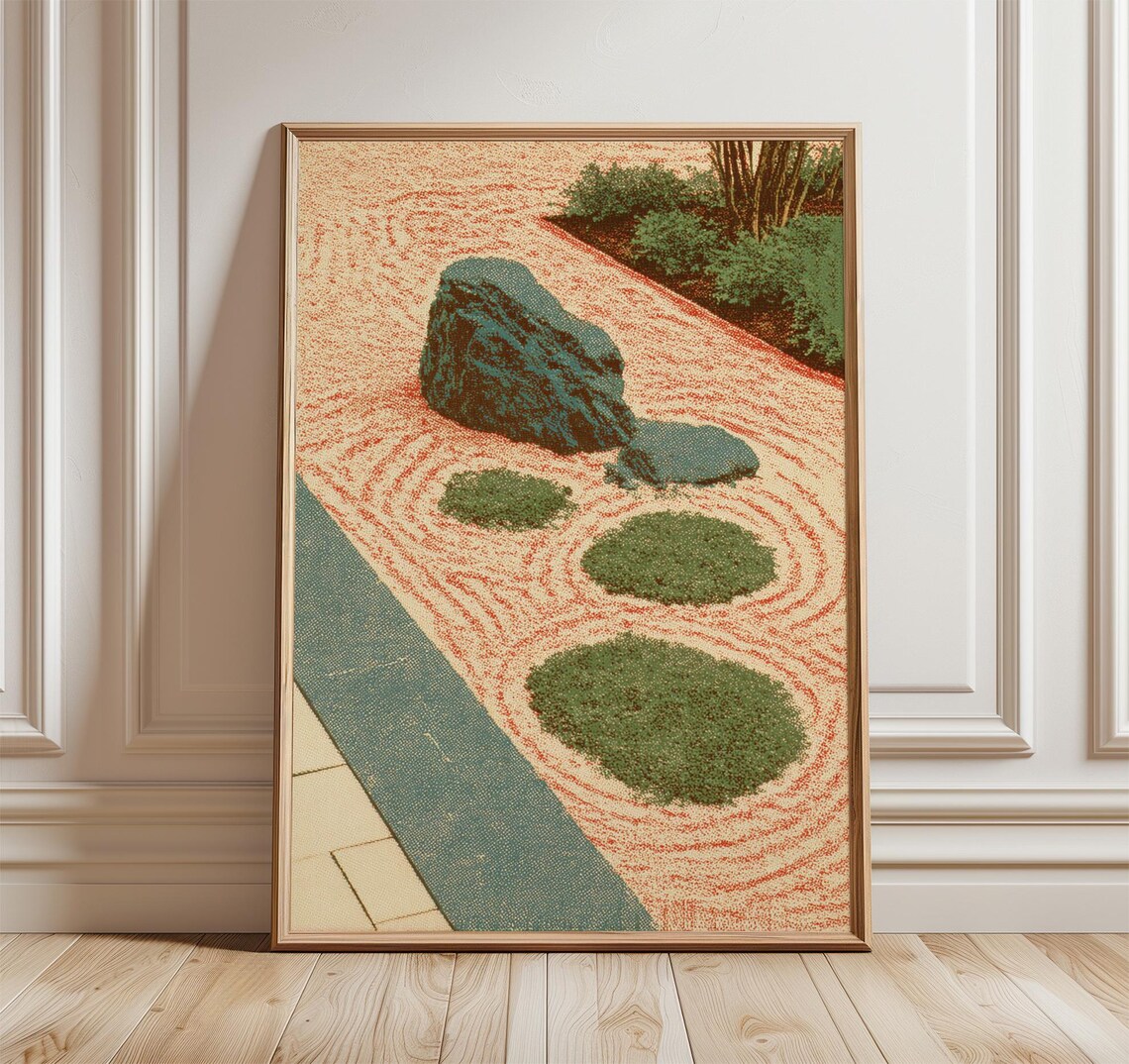 Zen Garden Minimalist Rock Print, Raked Sand Landscape