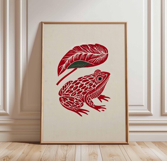 Red Frog Linocut Poster Bold Botanical Wall Art Print Handcarved Style Animal Illustration Modern Nature Decor