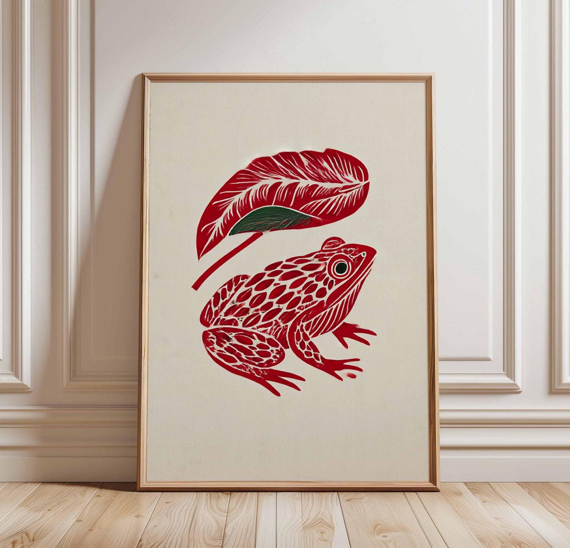 Red Frog Linocut Poster Bold Botanical Wall Art Print Handcarved Style Animal Illustration Modern Nature Decor
