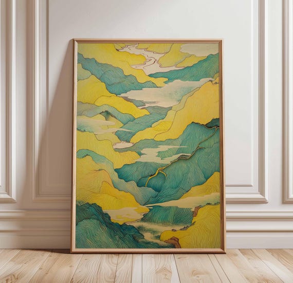 Abstract Japanese Mountain Poster Modern Ukiyoe Style Landscape Wall Art Yellow And Teal Nature Print Zen Home Decor