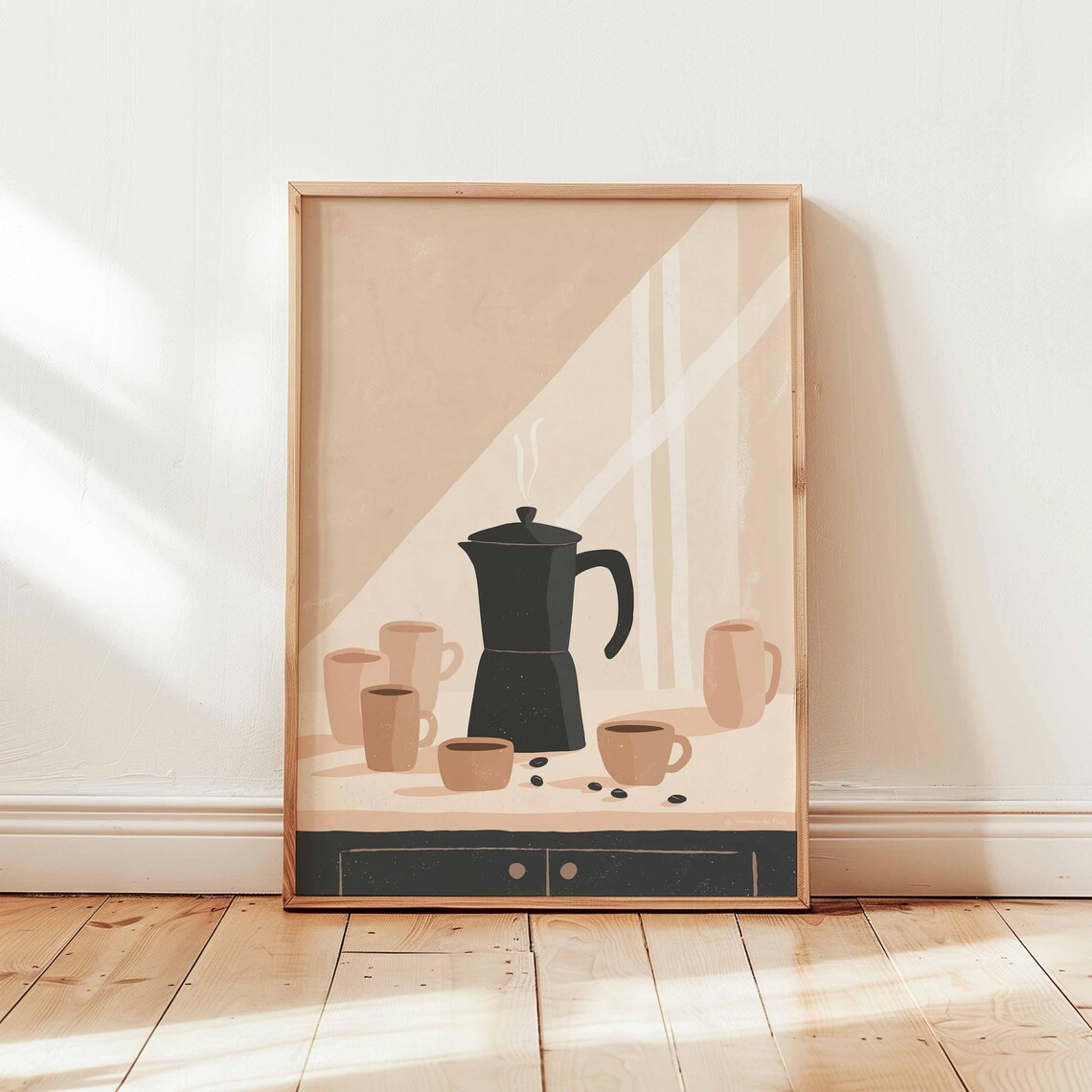 Minimalist Moka Pot Coffee Cups Beige Kitchen Barista Art Print