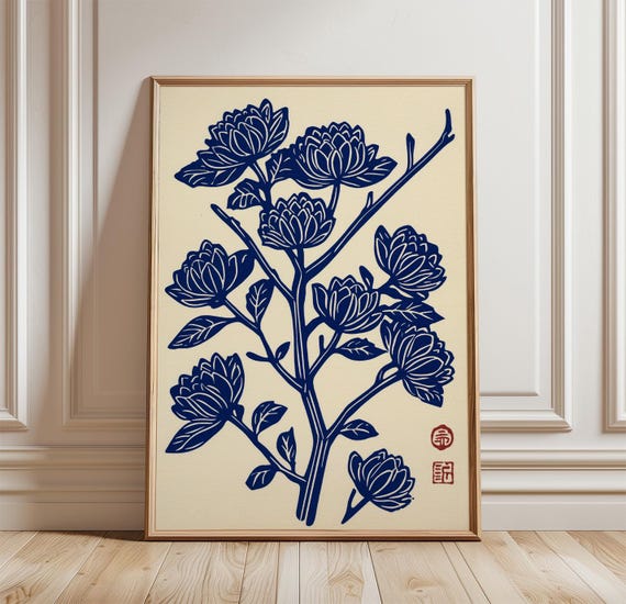Japanese Flower Poster, Woodblock Style Botanical