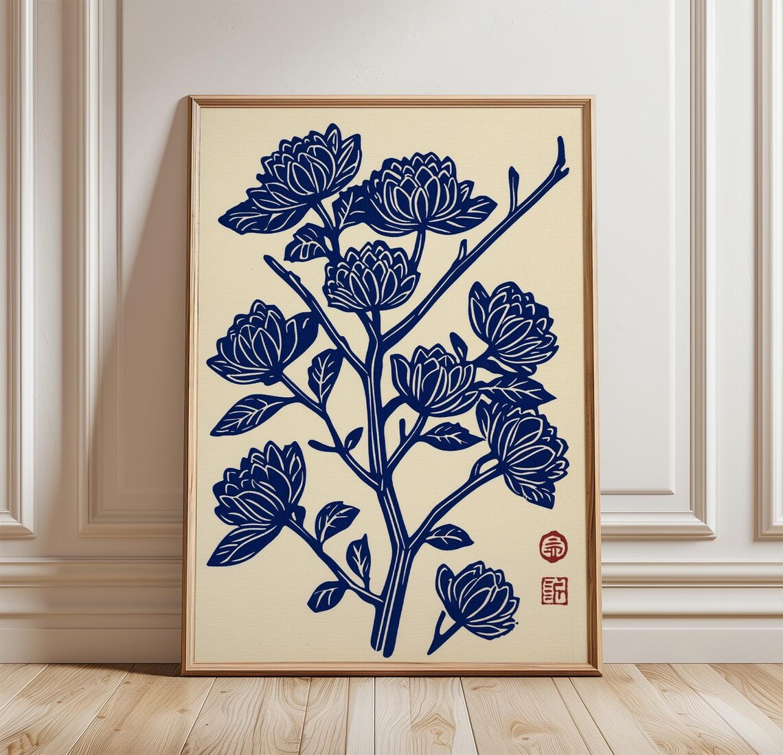 Japanese Flower Poster, Woodblock Style Botanical