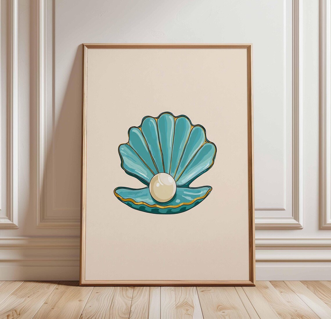 Pearl Shell Poster Blue Seashell Print Ocean Nursery Wall Art Coastal Kids Room Decor Beach Theme Illustration