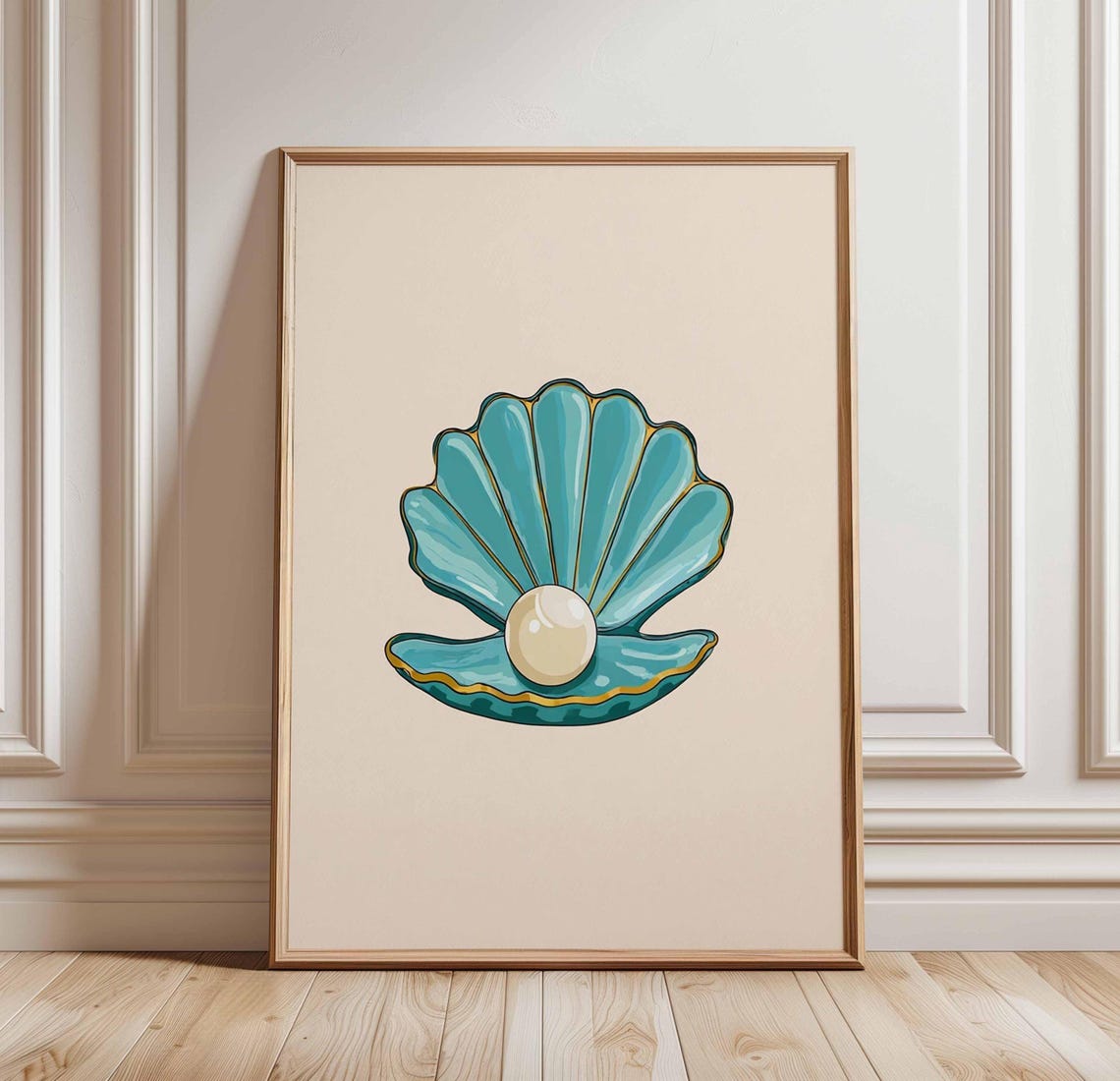 Teal Pearl Shell Coastal Seashell Illustration Nursery Poster