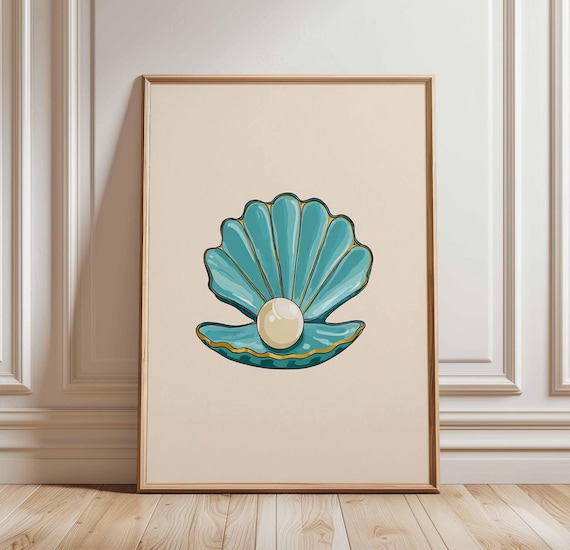 Teal Pearl Shell Coastal Seashell Illustration Nursery Poster