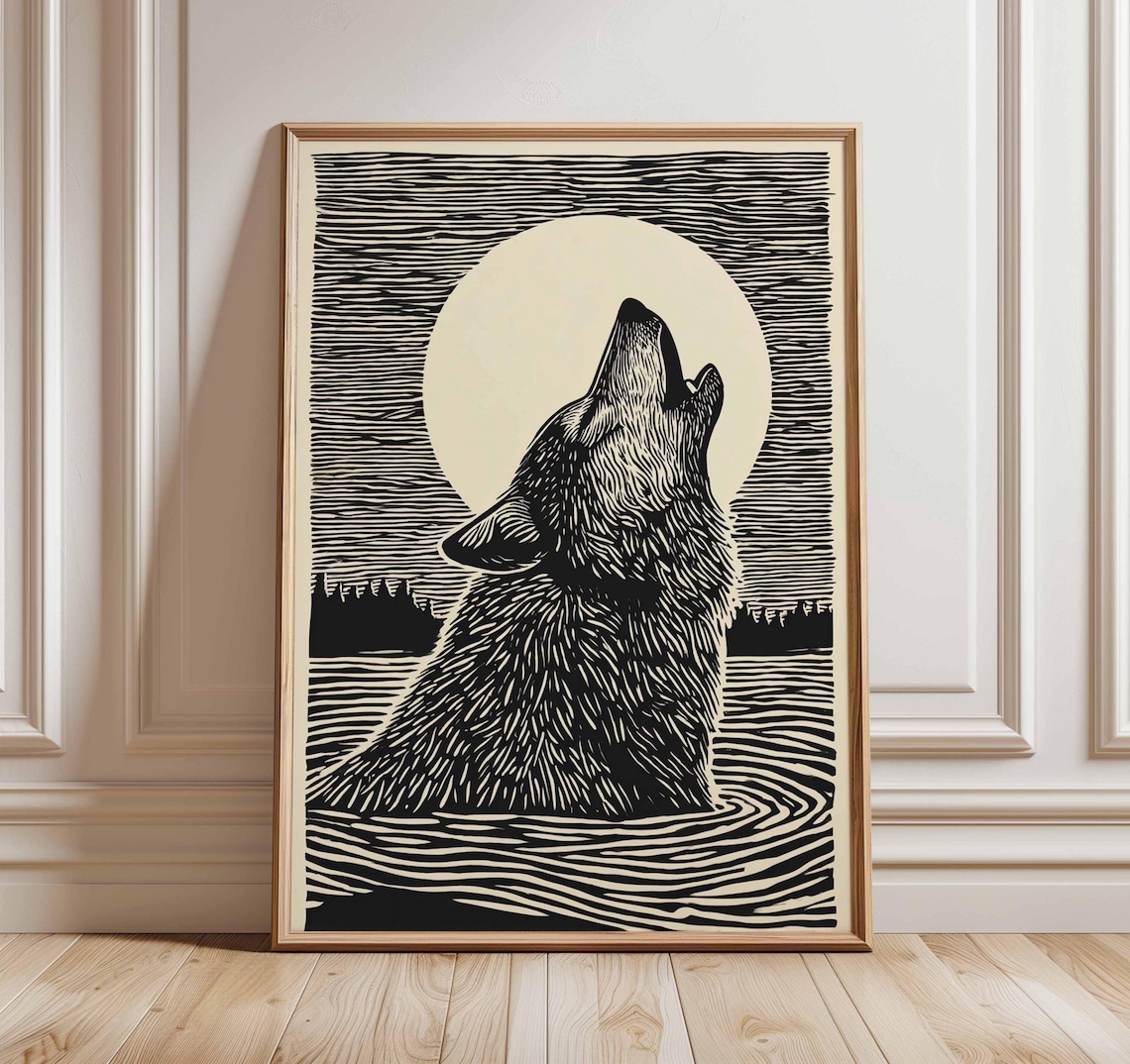 Wolf Howling at Moon, Black and White Nature Art Print