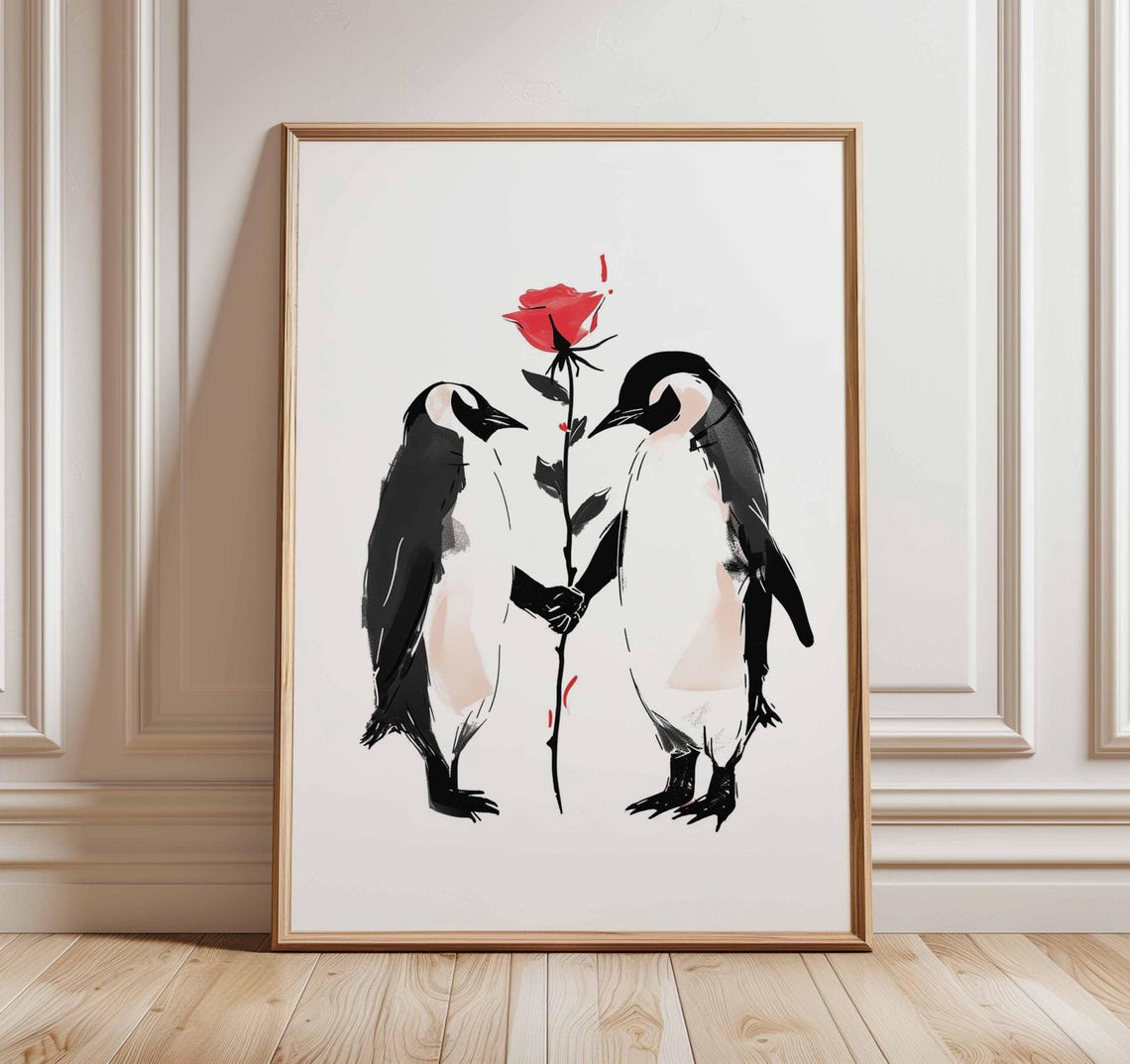 Romantic Two Penguins Sharing A Red Rose Ink Sketch Love Poster