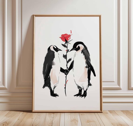 Penguin Love Poster Print Romantic Animal Wall Art With Red Rose Minimalist Wildlife Illustration For Bedroom And Modern Home Decor