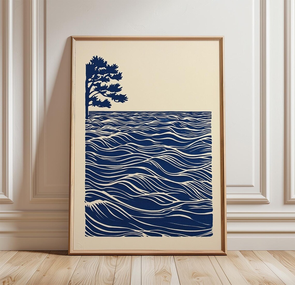 Japanese Woodblock Ocean Waves Pine Tree Indigo Coastal Seaside Art Poster