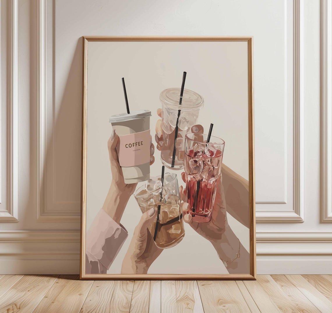 Iced Coffee Cheers Minimalist Beige Kitchen Coffee Art Print