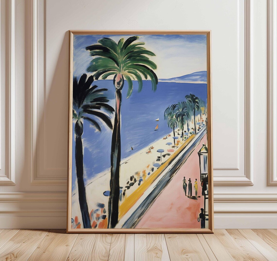 Tall Palm Trees Beach Umbrella Promenade Painting Coastal Art Poster