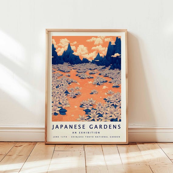 Japanese Garden Poster Vibrant Orange Wall Art Print Shinjuku Tokyo Nature Decor Zen Floral Pond Unframed Exhibition