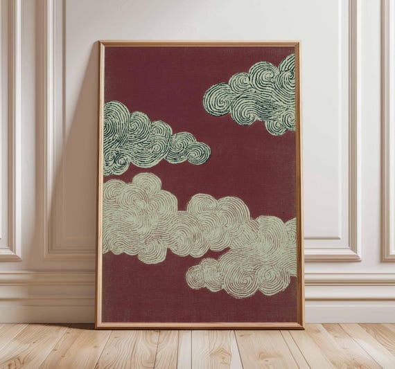 Japanese Cloud Art Print Vintage Red Background Poster Zen Wall Decor Minimalist Swirl Clouds Traditional Asian Illustration