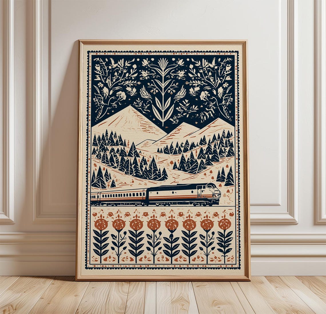 Folk Art Passenger Train Mountains Pine Forest Tapestry Poster
