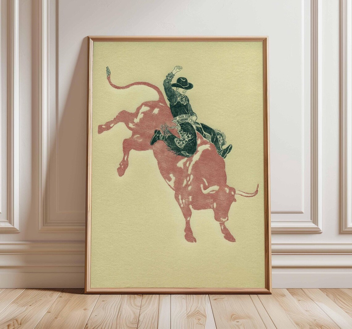Cowboy Riding Bucking Red Bull Rodeo Western Vintage Wild West Poster