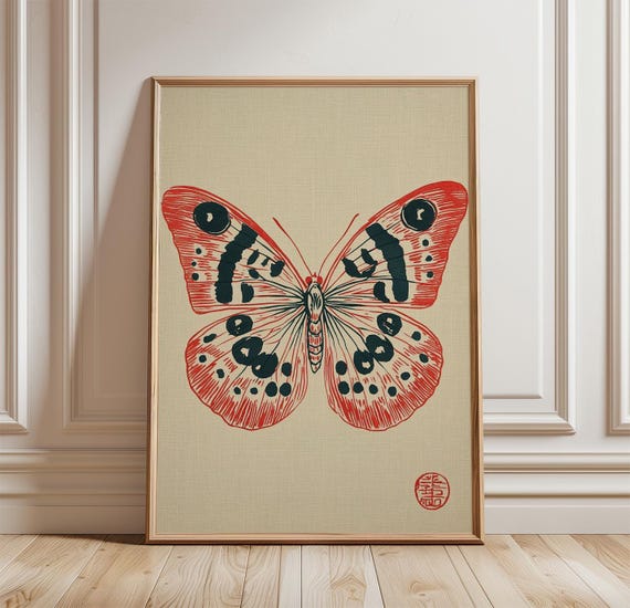 Butterfly Poster Japanese Style Insect Wall Art Print Red Wing Illustration Minimal Nature Decor Vintage Asian Artwork