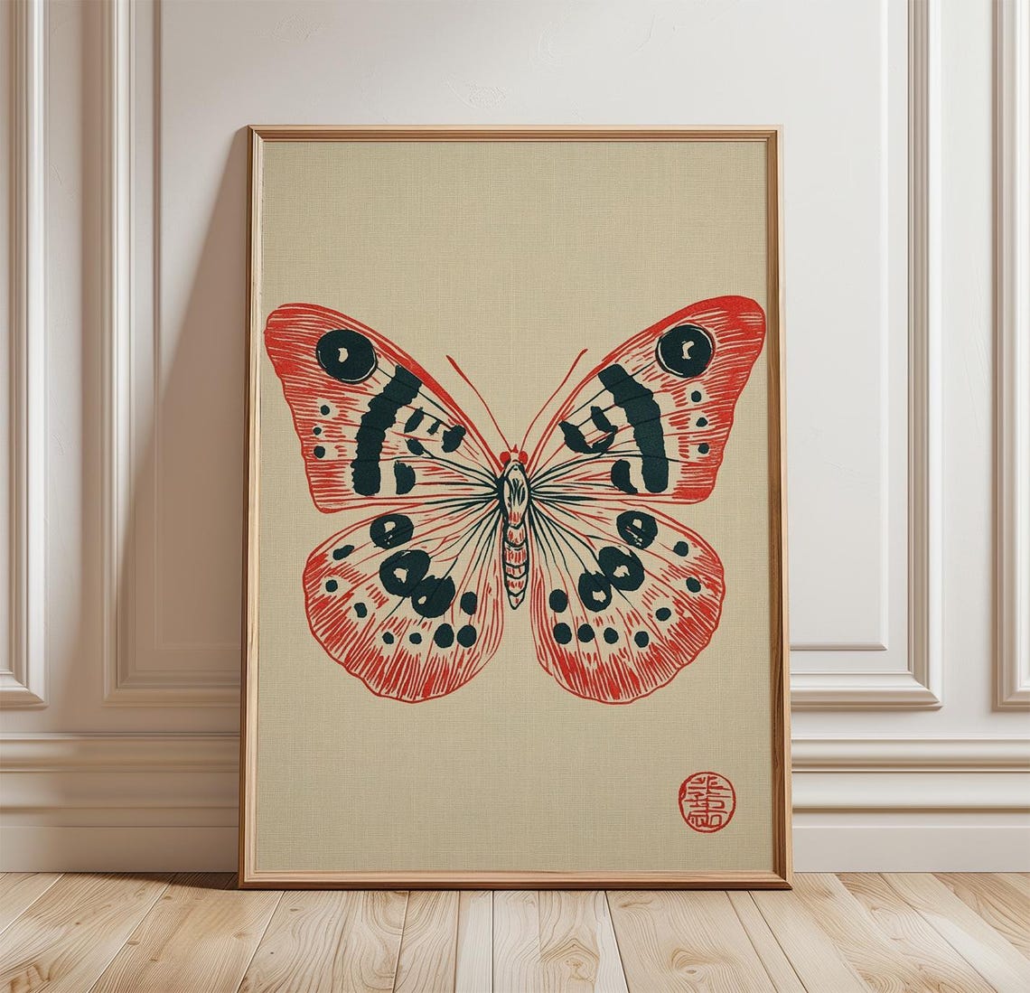 Red Butterfly Japanese Style Insect Vintage Botanical Art Print