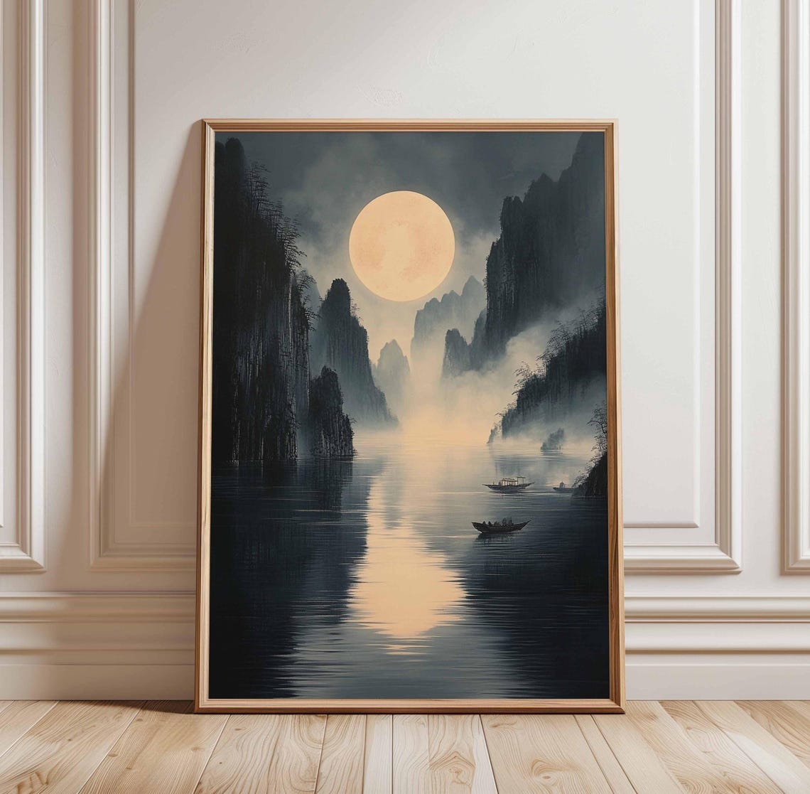 Moonlit River Japanese Style Misty Mountain Landscape Art Poster