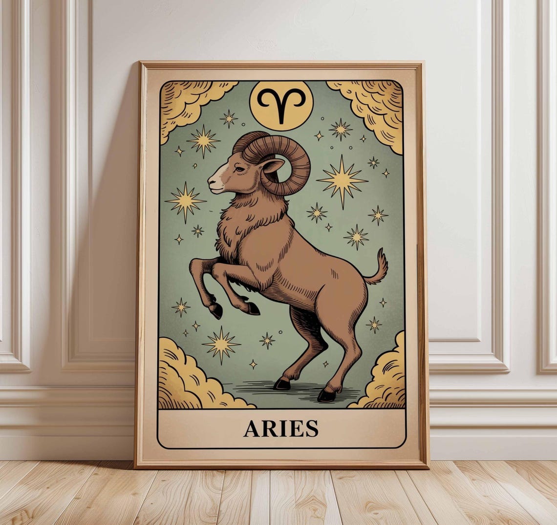 Aries Zodiac Sign Ram Art Print Poster Mystical Illustration Astrology Wall Decor Unique Spiritual Gift