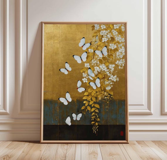 White Butterfly And Floral Poster Gold Wall Art Print Asianinspired Nature Scene Elegant Botanical Japanese