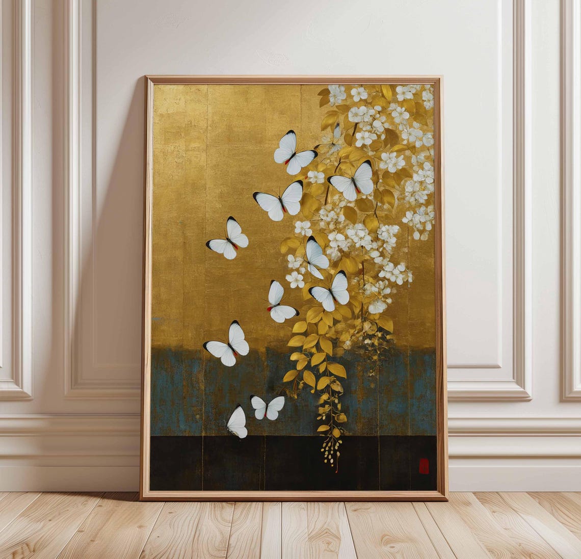White Butterflies Golden Wisteria Japanese Gold Leaf Art Print
