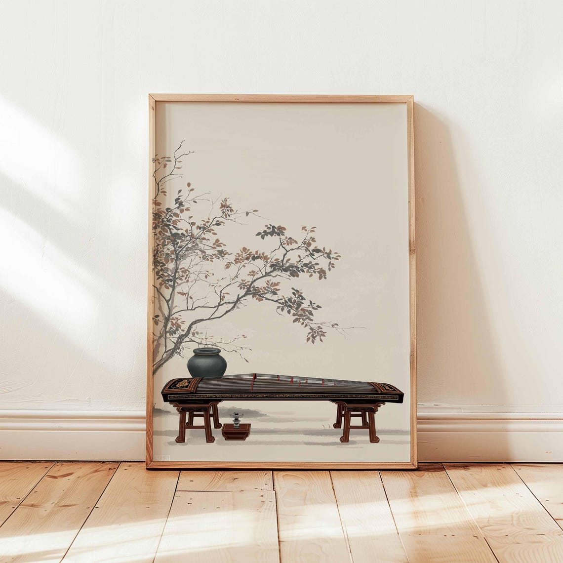 Chinese Guzheng Zither Ink Minimalist Zen Instrument Art Poster
