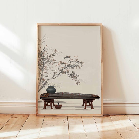 Japanese Zither Wall Art Minimalist Zen Music Poster Koto Instrument Print Traditional Asian Decor Unframed Serene Artwork