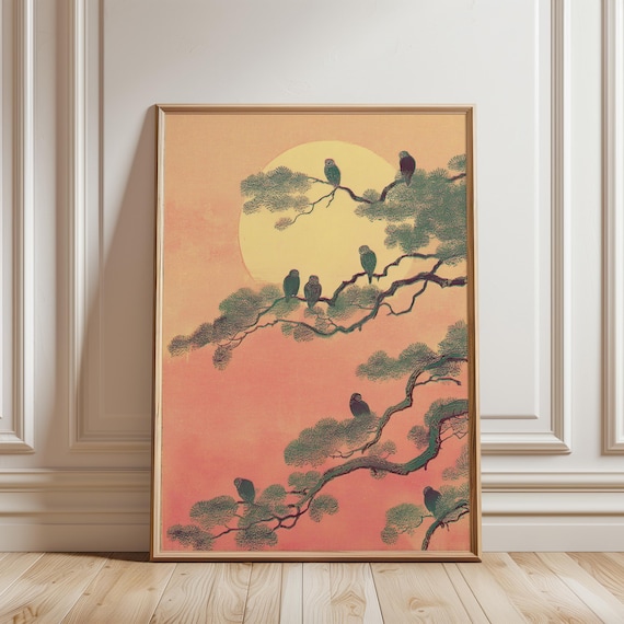 Moonlit Owls On Pine Branches Art Print Japanese Woodblock Style Pink Twilight Forest Wall Decor Zen Bird Illustration Poster