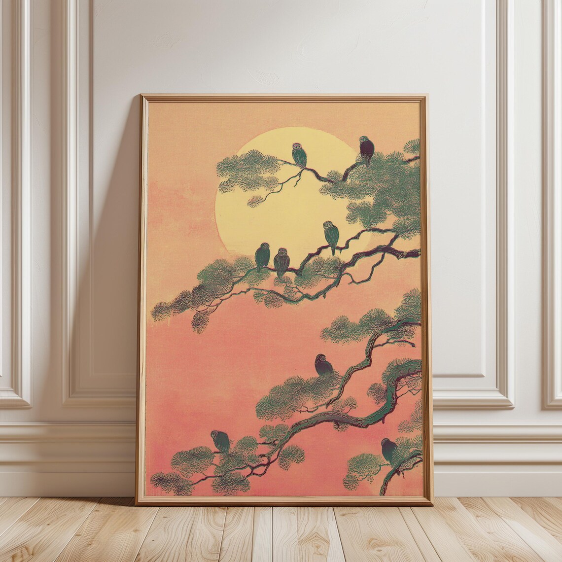 Moonlit Owls Pine Branches Japanese Woodblock Sunset Sky Illustration Poster