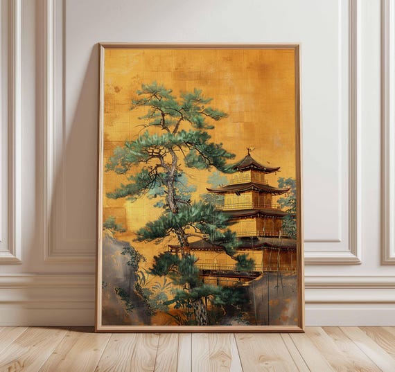 Japanese Temple Wall Art Gold Pagoda Poster Print Traditional Asian Architecture Decor Zen Nature Landscape Unframed Japan Artwork