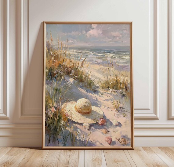 Straw Hat on Beach Dunes Impressionist Coastal Seascape Art Poster
