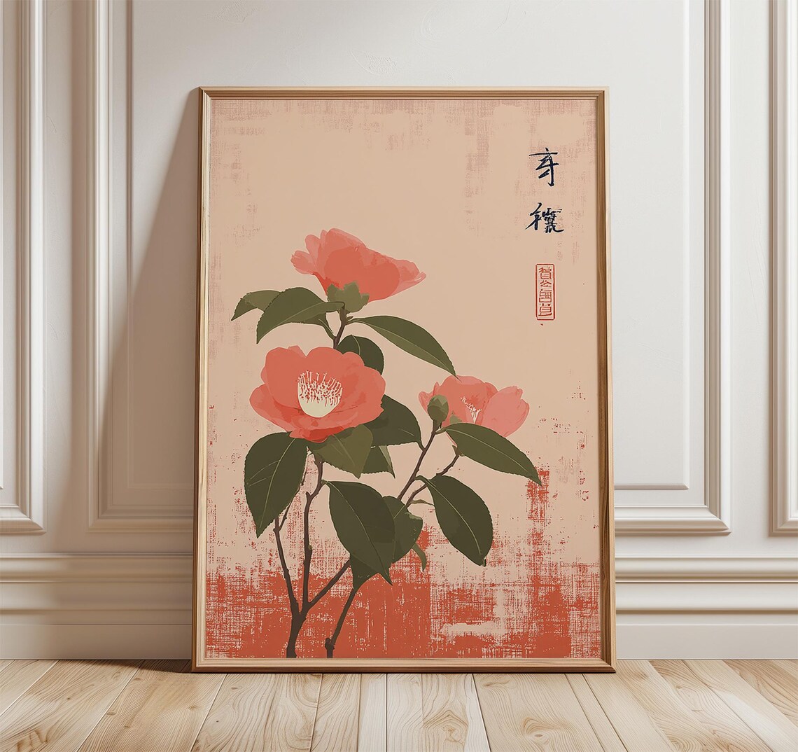 Camellia Flower Japanese Woodblock Botanical Peach Green Art Poster