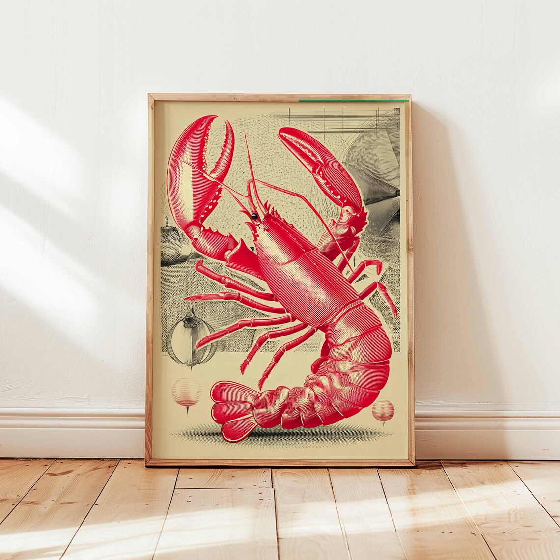 Classic Red Vintage Lobster Engraving Retro Nautical Seafood Poster