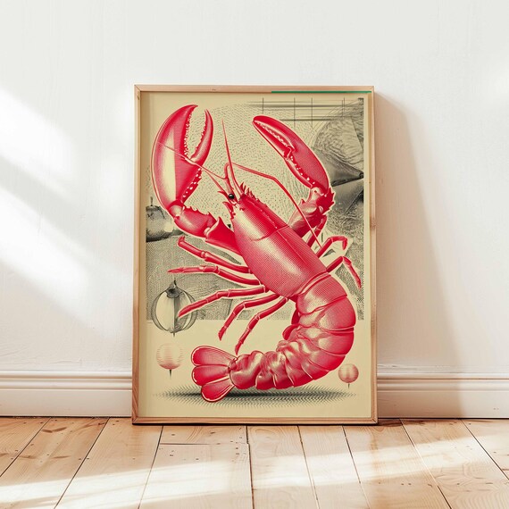 Red Lobster Art Print Retro Seafood Poster Vintage Nautical Kitchen Wall Illustration Ocean Animal Decor Unframed Desig