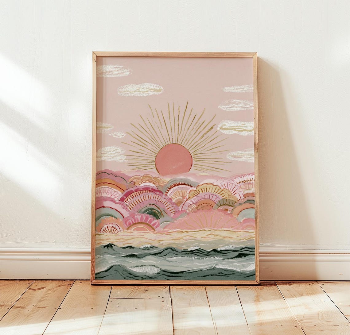 Boho Pink Sun Over Scalloped Ocean Waves Coastal Beach Wall Art