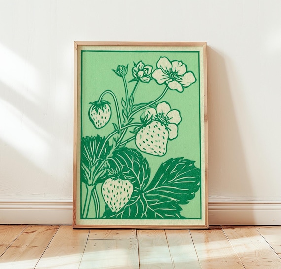 Strawberry Botanical Green Linocut Vintage Fruit Kitchen Poster