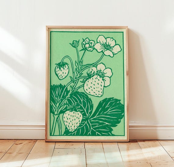 Strawberry Botanical Poster Green Linocut Print Vintage Kitchen Wall Art