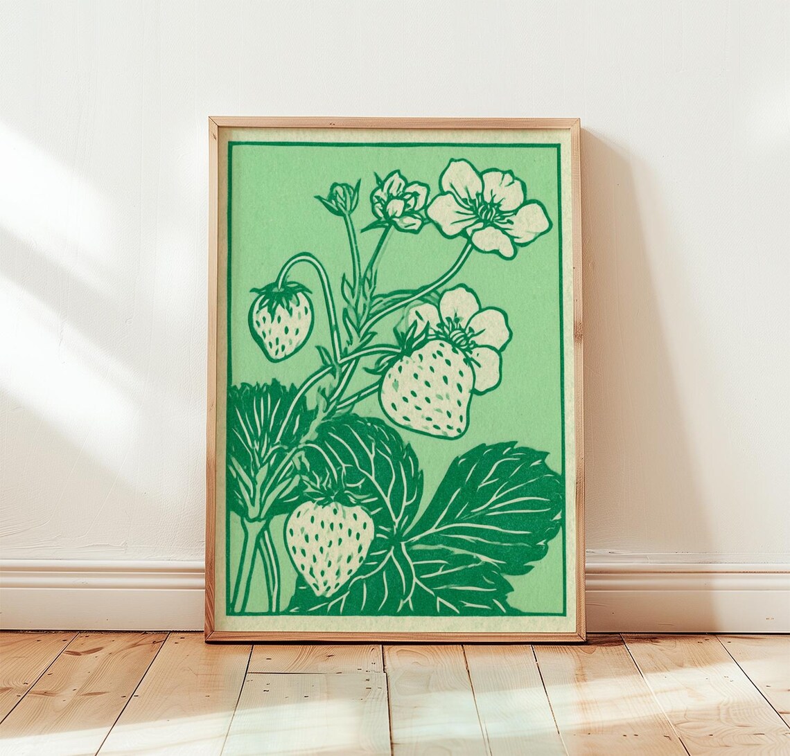 Strawberry Botanical Green Linocut Vintage Fruit Kitchen Poster