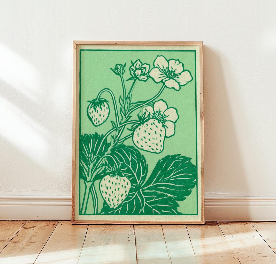 Strawberry Botanical Poster Green Linocut Print Vintage Kitchen Wall Art