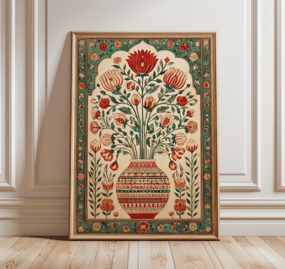 Persian Floral Wall Art Red Green Oriental Vase Poster Middle Eastern Botanical Pattern Print