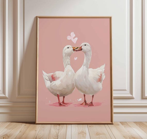 Duck Couple Poster Cute Animal Wall Art Romantic Print With Hearts