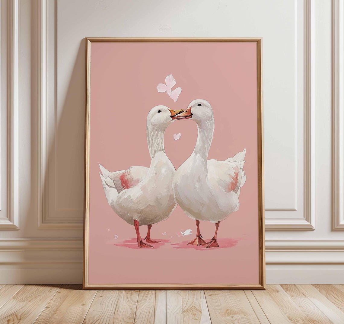 White Goose Couple Romantic Hearts Blush Pink Painting Poster
