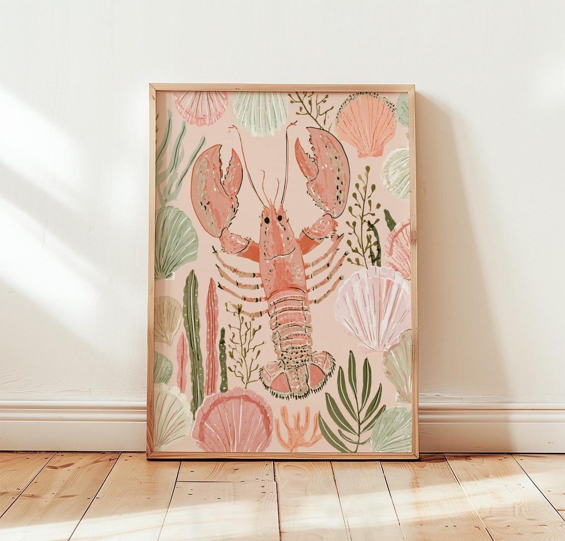 Pink Lobster Print Coastal Shell Wall Art Screen Poster