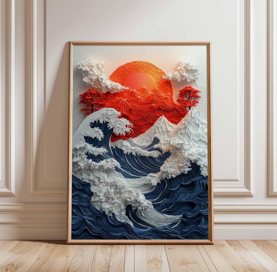 3D Layered Paper Mount Fuji Red Sun Great Wave Japanese Art Poster