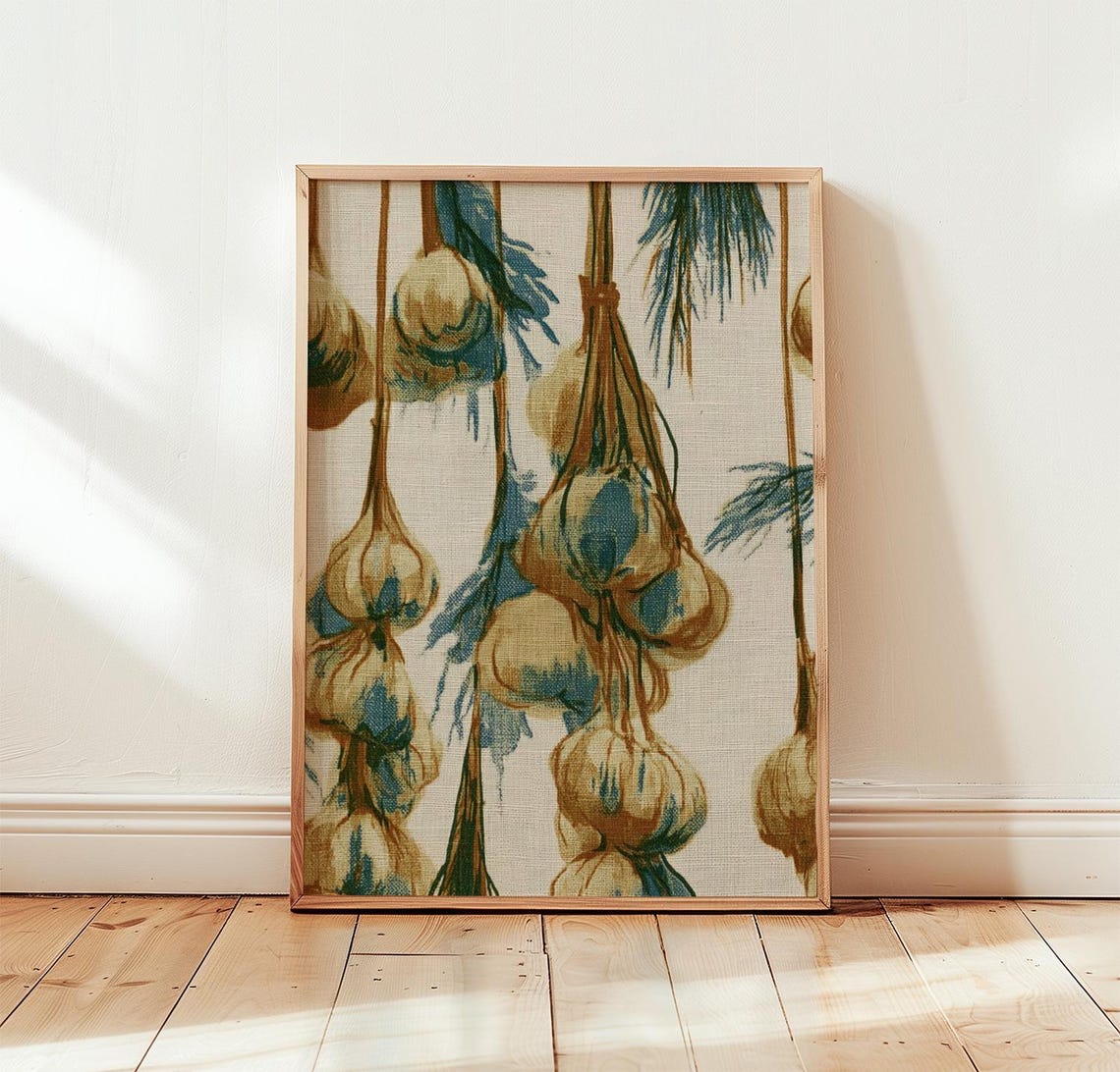 Garlic Kitchen Poster Rustic Botanical Art Paper Print