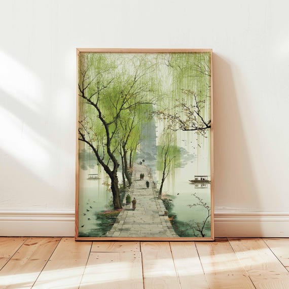 Chinese Riverside Path Willow Tree Landscape Art Print